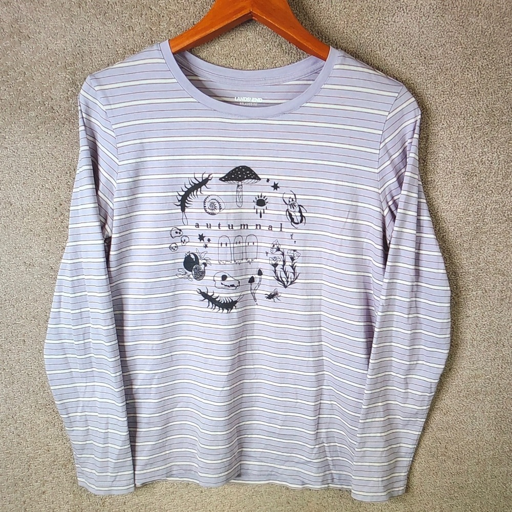 Lands' End Lavender and White Striped Long-Sleeve Tee with Autumn Graphic